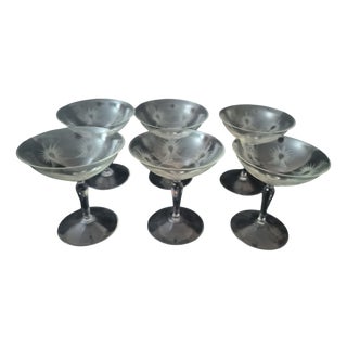 Art Deco Champagne Glasses in Engraved Crystal, 1930s, Set of 6 For Sale