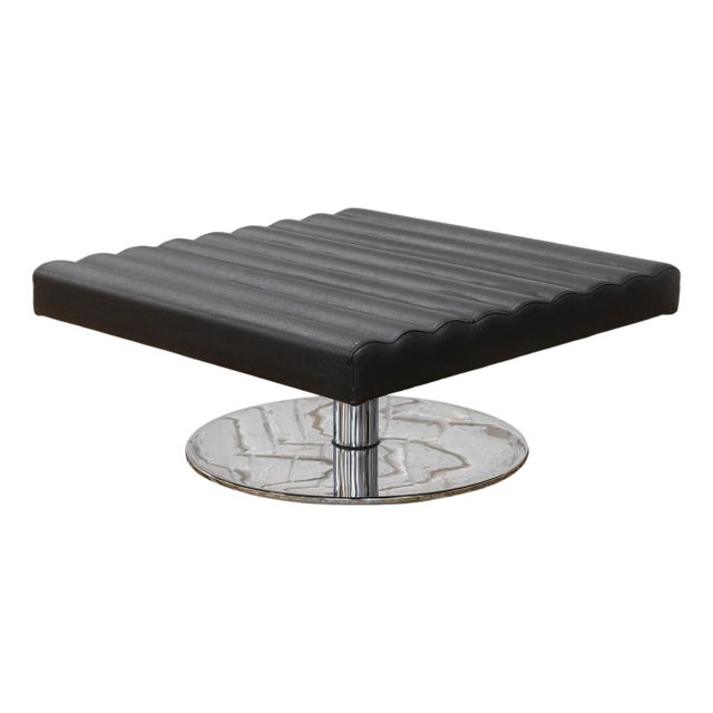 Pair of Black Leather Polished Chrome Modern Swivel Ottomans Minotti Style For Sale