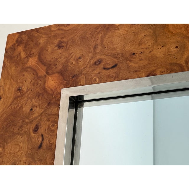 Square mirror in elm burl veneer and chrome by Willy Rizzo. Circa 1970 For Sale - Image 6 of 12