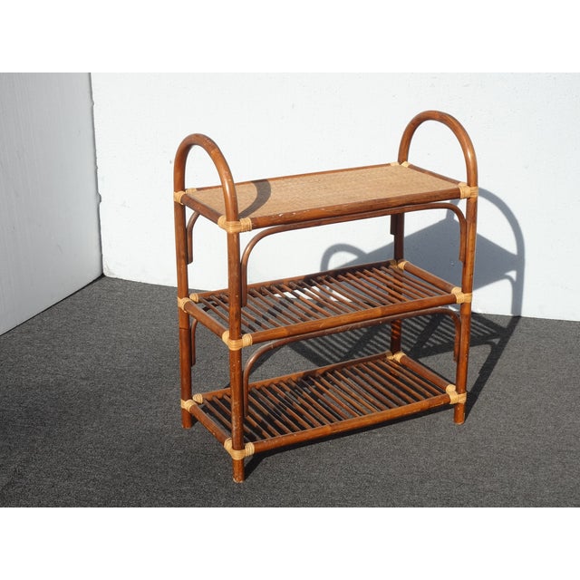 Vintage Three Tier Coastal Bamboo Rattan Stand Golden Brown Side Table Bookcase For Sale - Image 4 of 15