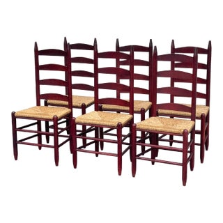 Late 20th Century Rustic Walnut Ladder Back Rush Dining Chairs Set of 6 For Sale