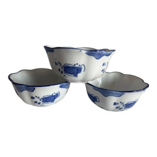 1990s Hand-Painted Blue & White Fish Bowl Scalloped Edge, Made in Brazil- Set of 3 For Sale
