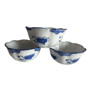 1990s Hand-Painted Blue & White Fish Bowl Scalloped Edge, Made in Brazil- Set of 3