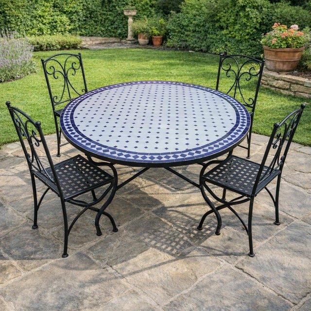 Moroccan 48" White and Blue Moroccan Mosaic Table in Cr4 Pattern For Sale - Image 3 of 8