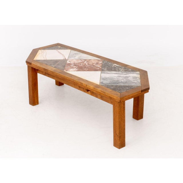Wood Modern Asymmetrical Marble Top Coffee Table For Sale - Image 7 of 9