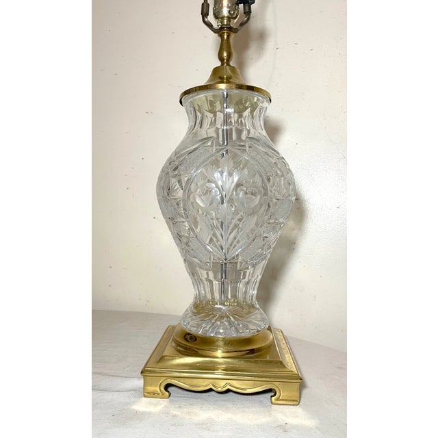 Brass High Quality Vintage Brass Clear Cut Glass Etched Crystal Electric Table Lamp For Sale - Image 8 of 14