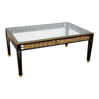 1950s Hollywood Regency Black Metal & Gilded Laurel Leaf Coffee Table With Beveled Glass For Sale