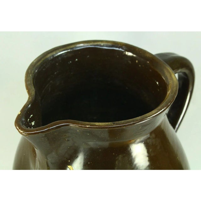 American 1800's Brown Glaze Stoneware Large Pitcher Ewer 12" Earthenware Jug For Sale - Image 3 of 13