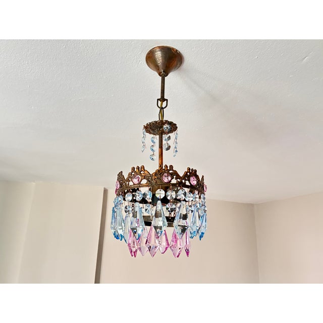 1960s Vintage Brass Crown Chandelier With Hand-Painted Pink and Ice Blue Crystal Prisms For Sale - Image 5 of 17