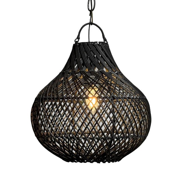 Contemporary Organic Modern Black Wicker Bawang Pendant Light Small For Sale - Image 3 of 8