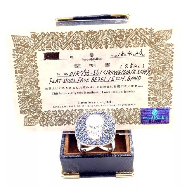 1990s Loree Rodkin White Gold Diamond Sapphire Skull Ring Paper Box For Sale - Image 4 of 12