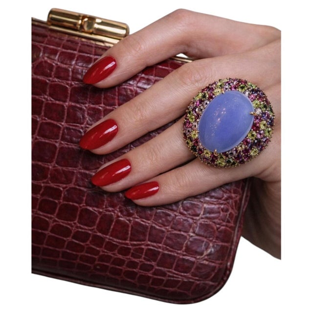 Bochic “Orient” Vintage Chalcedony & Multi Gem Cocktail Ring - 18K Gold & Silver For Sale - Image 4 of 7