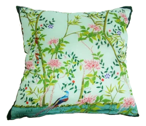 Chinoiserie Turquoise Silk Throw Pillow With Floral and Birds Oriental Asian Design