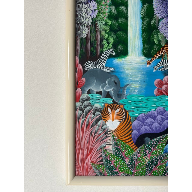 Green Vintage Haitian Folk Art Wildlife Jungle Scene Oil on Canvas – Framed For Sale - Image 8 of 13
