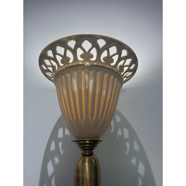 Lenox Late 20th Century Lenox X Quoizel Neoclassical Brass & Ivory Porcelain Torchiere Floor Lamp For Sale - Image 4 of 10