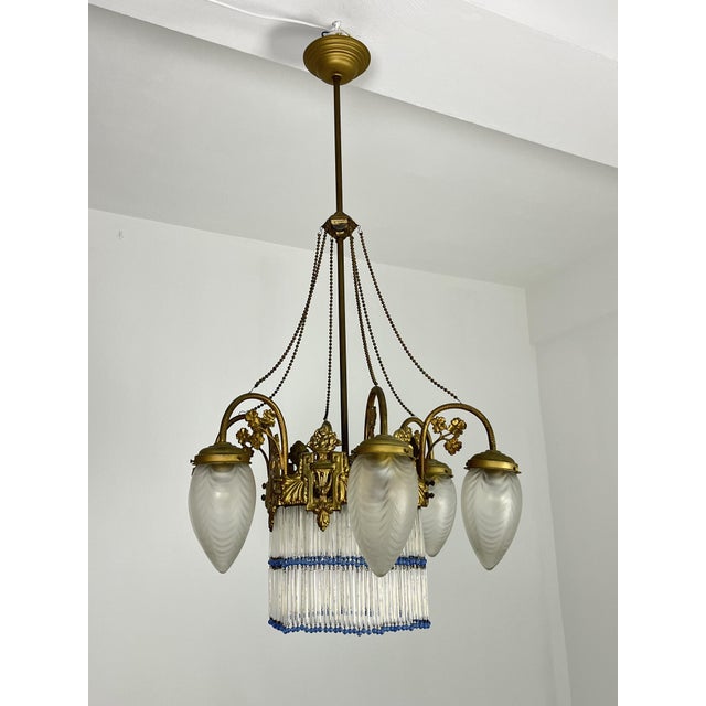 Art Deco 7-Light Chandelier in Brass and Glass, 1940s For Sale - Image 4 of 18