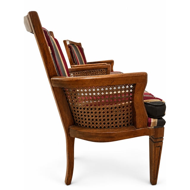 Vintage French Provincial Cane and Striped Upholstered Armchairs — Pair For Sale - Image 4 of 11
