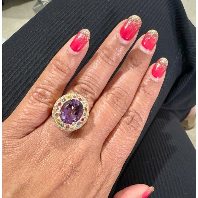 5.62 Carat Natural Amethyst Diamond Sapphire Yellow Gold Cocktail Ring, Size 7 For Sale In Los Angeles - Image 6 of 8