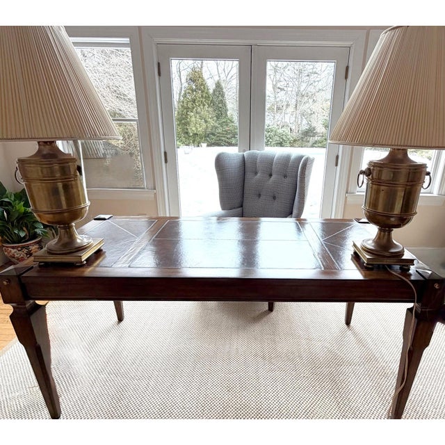 Wood Custom Blue Wingback Chair in Schumacher For Sale - Image 7 of 16