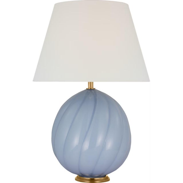 Transitional Julie Neill by Visual Comfort Signature Talia Medium Cordless Table Lamp in Blue with Linen Shade For Sale - Image 3 of 3