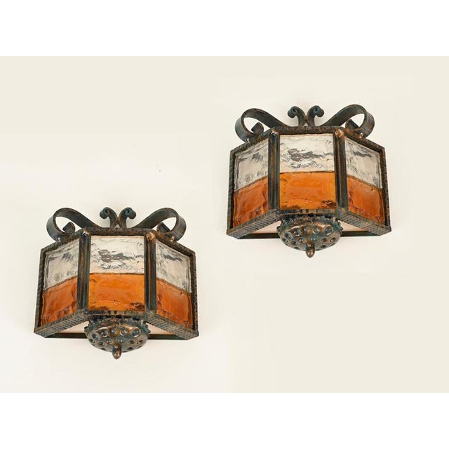 Brutalist Wrought Iron and Amber Glass Sconces from Longobard, Italy, 1970, Set of 2 For Sale - Image 12 of 16