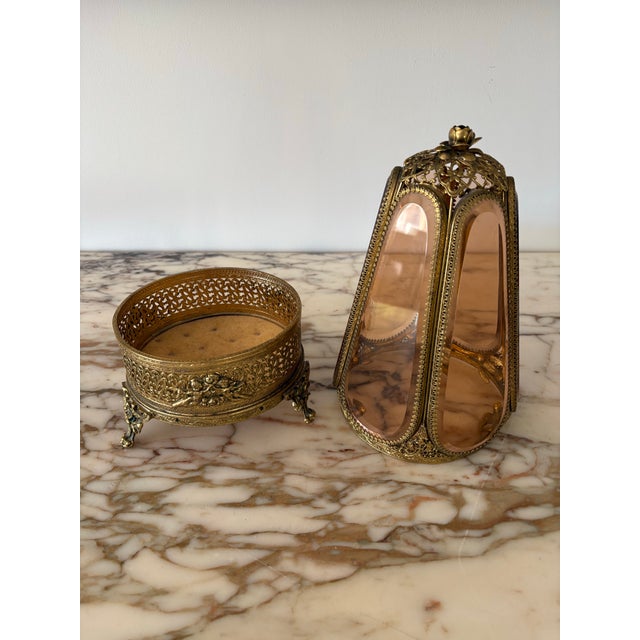 Vintage Hollywood Regency Amber Glass Hexagon Jewelry Casket Display For Sale - Image 4 of 11