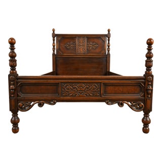 Berkey & Gay Style Antique English Jacobean Carved Walnut and Burl Wood Twin Size Bed, Circa 1920s For Sale
