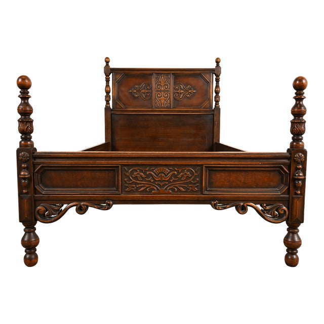 Berkey & Gay Style Antique English Jacobean Carved Walnut and Burl Wood Twin Size Bed, Circa 1920s For Sale