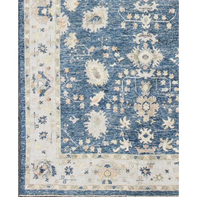 Shabby Chic Turkish Oushak Rug in Blue Background by Keivan Woven Arts 10'5 X 13'4 For Sale - Image 3 of 9