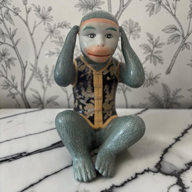 Chinoiserie Large Vintage Hand Painted Chinese Chinoiserie “Hear No Evil” Monkey Sculpture For Sale - Image 3 of 10