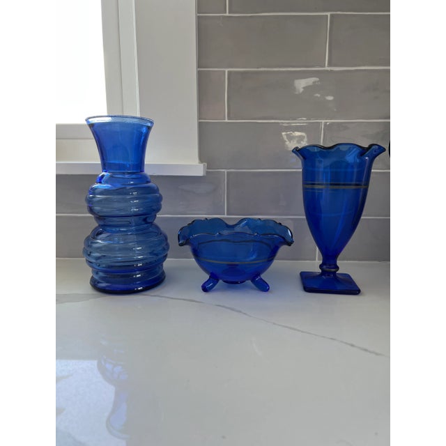 Royal Blue 1920s Cobalt Blue Depression Glass Set -3 Pieces Trophy Vase, Double Beehive Vase and Mayonnaise Bowl For Sale - Image 8 of 8