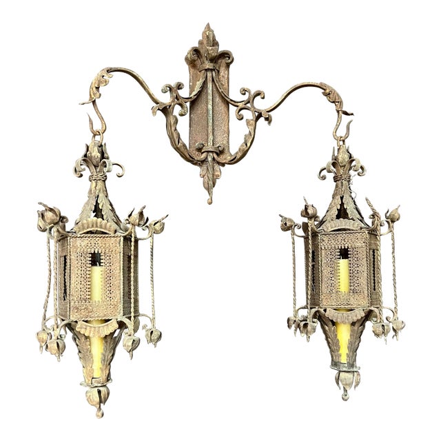 Early 20th Century Pair of Iron Exterior Sconces Not Wired For Sale