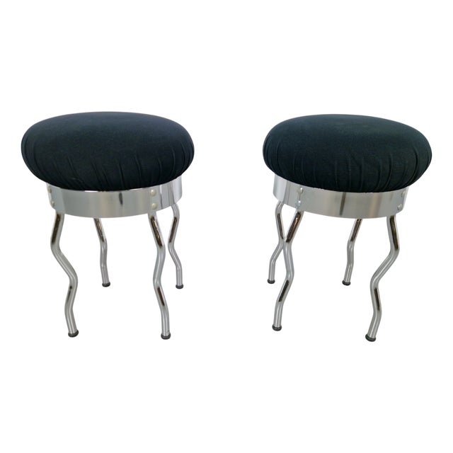 Vintage Uri Stools with Waved Chrome Legs and Black Seats by Per Ivar Ledang for Ikea, 1995, Set of 2 For Sale