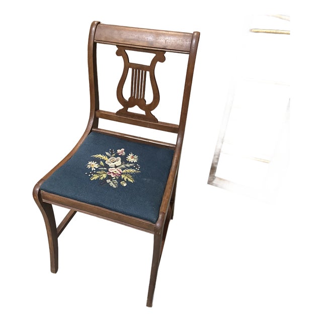 1970s Wooden Mid Century Modern Carved Needlepoint Chair For Sale