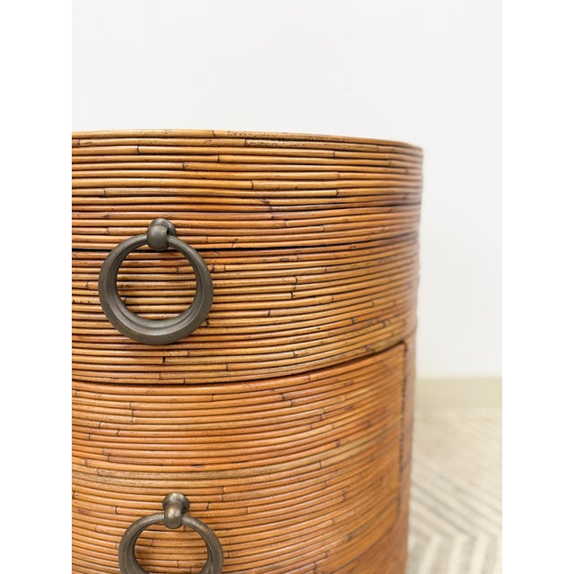 Late 20th Century Pencil Reed Ribbed Round Rolling Side Table Drawer Gabriella Crespi Style For Sale In Tampa - Image 6 of 9