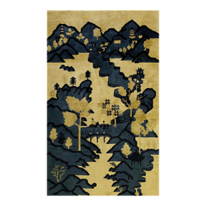 1930s Beige Blue Monumental Landscape Antique Chinese Bao Tou Rug 3'2" X5'0" Knotted Wool Carpet