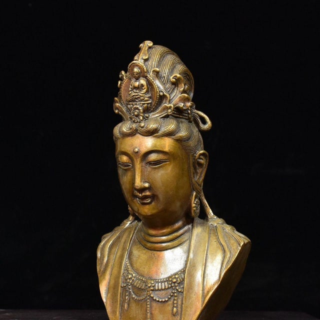 Metal Vintage Gilt Bronze Guanyin Bust | Chinese Buddhist Altar Sculpture With Crowned Amitabha For Sale - Image 7 of 10