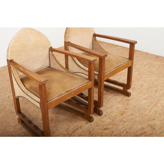 Arts and Crafts Oak Armchairs with Velour Upholstery, Set of 2 For Sale - Image 6 of 13