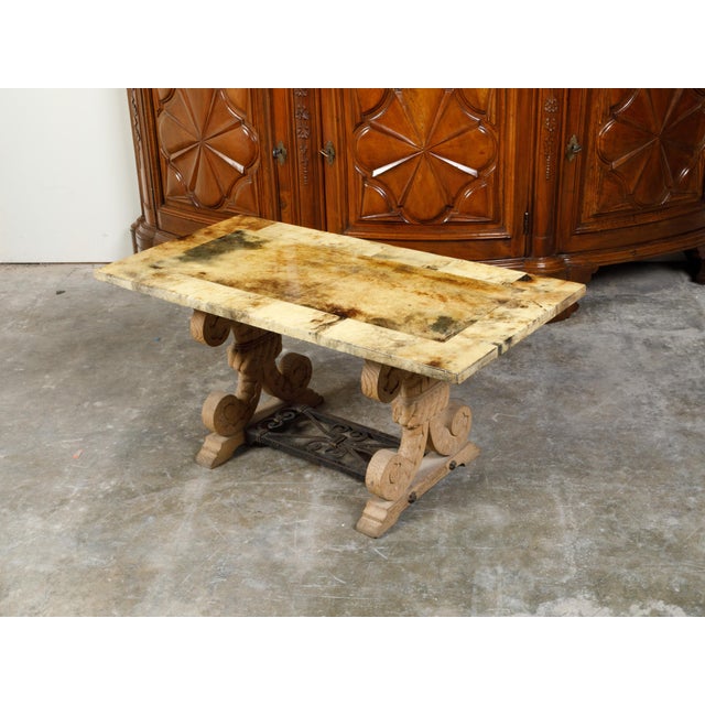 Italian Coffee Table Made of 19th Century Bleached Oak Base and Later Vellum Top For Sale - Image 4 of 12