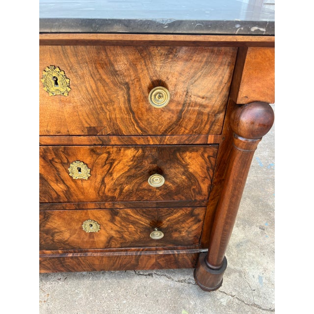 Mid 19th Century French 19th Century Empire Burl Walnut Marble Top Chest of Drawers For Sale - Image 5 of 12