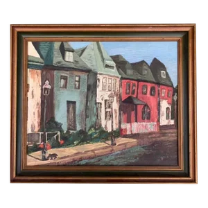 Vintage 1940’s Original Oil Painting of a Street Scene With Black Dog