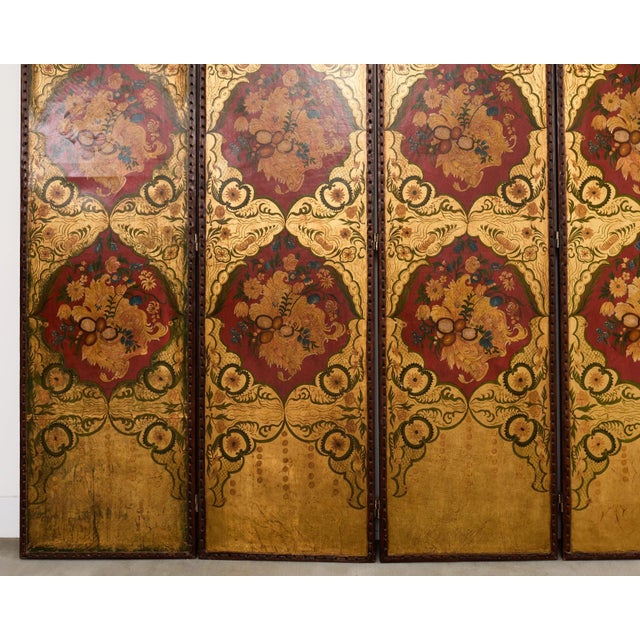 Gold Spanish Colonial Baroque Style Painted Leather Eight Panel Screen For Sale - Image 8 of 18