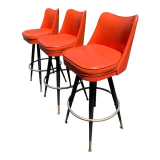 Vintage Mid Century Orange Vinyl Swivel Barstools by Brody - Set of 3 For Sale