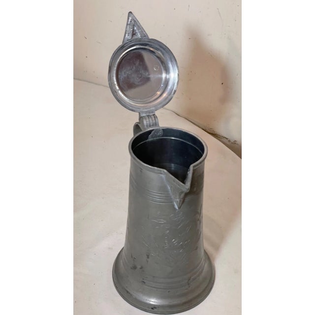 Gray Rare Antique 1876 1 Liter Handmade Engraved Pewter Flagon Tankard Pitcher Stein For Sale - Image 8 of 12