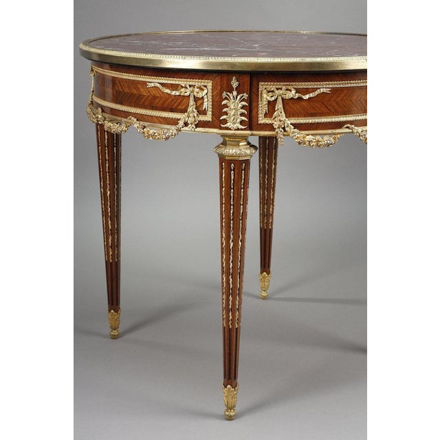 Late 19th Century Louis XVI Marquetry and Gilt Bronze Pedestal Table with Marble Top, 1880s For Sale - Image 5 of 18