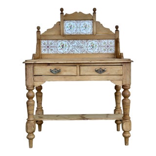 19th Century English Pine Washstand With Painted Tile Gallery For Sale