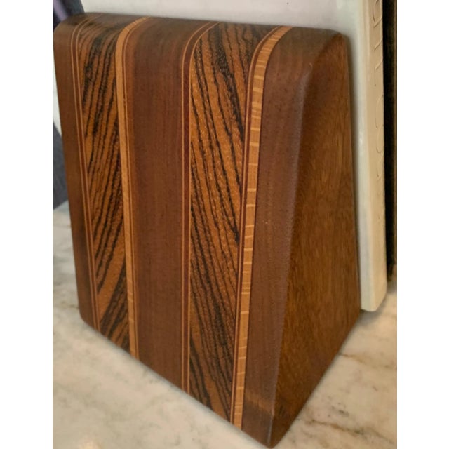 Mid-Century Modern Angular Inlay Patterned Wooden Bookends with Metal Slide - A Pair For Sale - Image 3 of 9