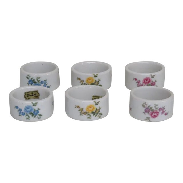 Shafford Japan Porcelain Floral Blue Yellow Pink Napkin Rings Set of Six For Sale