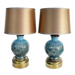 Vintage Ceramic Vases Mounted on Brass as Table Lamps, Custom Shades, Pair
