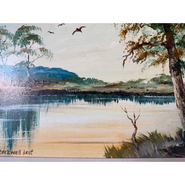 1980’s Vintage Rockwell Kent Tropical Lake Landscape Oil on Board Painting, Framed For Sale - Image 10 of 12